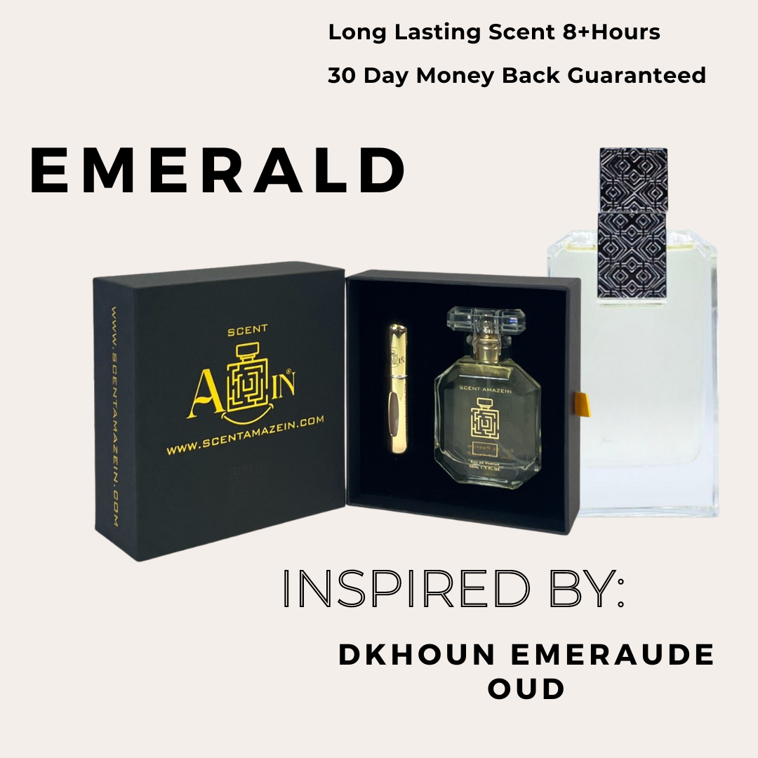 Emerald Perfume Bottle - Kashmiri Oud Fragrance, Dkhoun Emeraude Oud, Spicy Ginger and Amber Notes